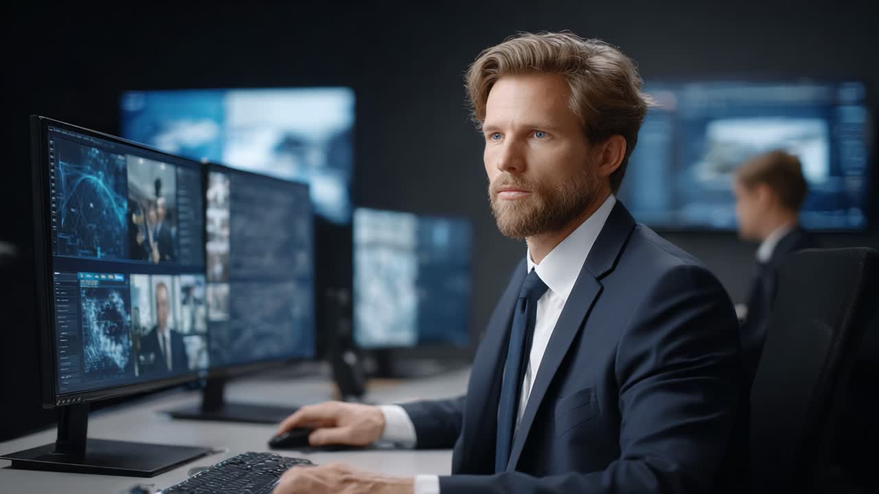 A Focused Professional Analyzing Data on Multiple Monitors in a Modern Office Environment, Showcasing Seriousness and Technological Engagement