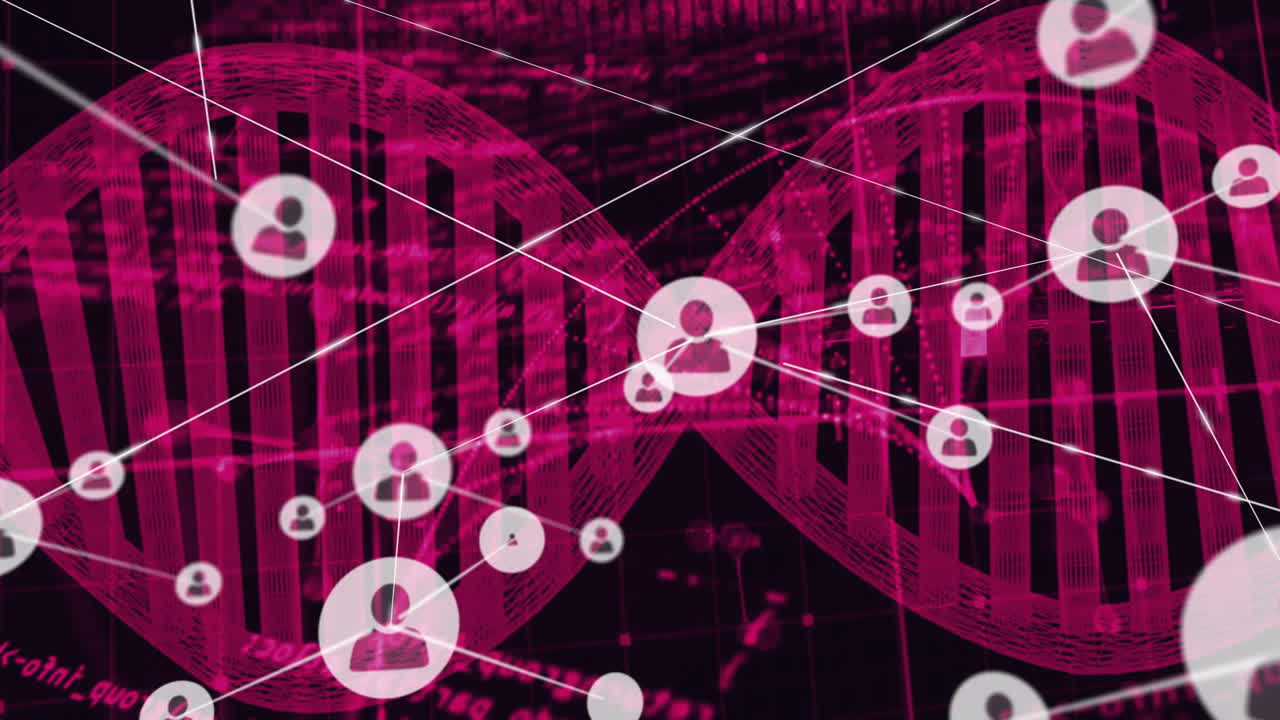 In school, animation of DNA strand showing user icons and binary coding