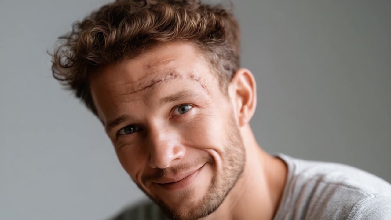 Ritratto di un uomo resiliente con una cicatrice evidente che sorride con sicurezza, mostrando forza e carattere su uno sfondo neutro