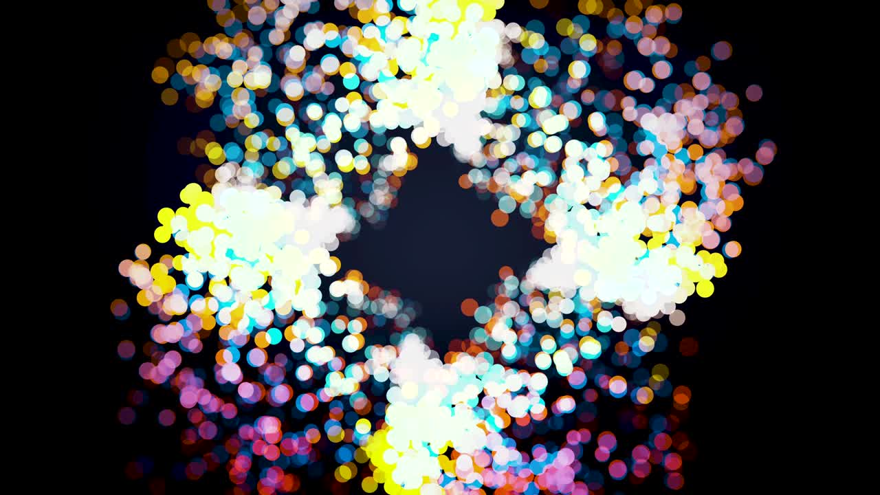 추상적인 보케 불꽃놀이, 아름다운 반이는 작은 원이 검은 바탕에 퍼져서 날아가고, 이 없는 루프, 애니메이션, 많은 작은 콘티 점들이 원으로 움직입니다.
