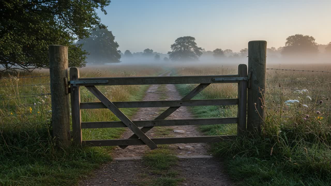 A Serene Country Pathway Through a Misty Landscape, Framed by an Open Gate Welcoming Explorers to Nature's Embrace at Dawn's Gentle Light