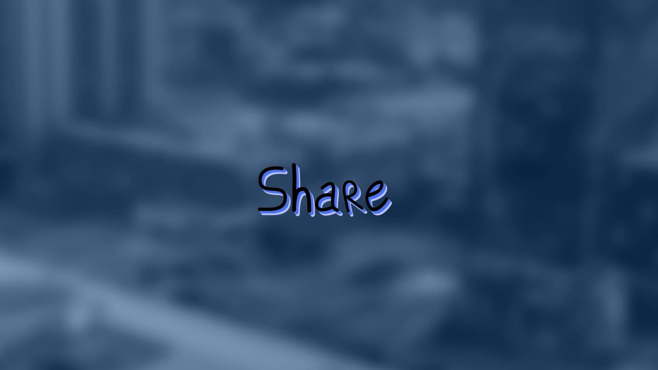 Animation of share text with arrows over out of focus cityscape