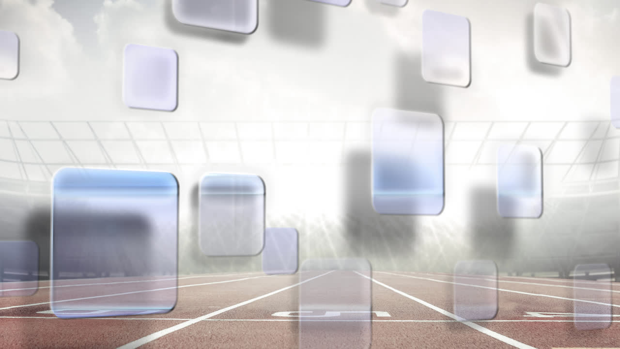 Animation af digitale skærme, der bevæger sig over racerbaner på et sportsstadion.
