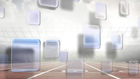 animation of digital screens moving over racing tracks in sports stadium