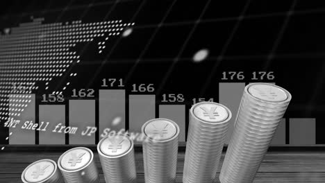 animation of financial data processing over stacks of silver yen coins