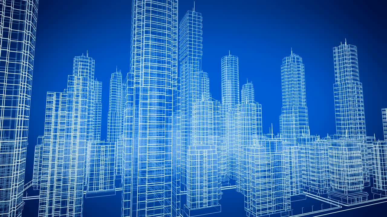hermoso plano digital de edificios modernos que giran en el espacio 3d. color azul. animación 3d en bucle. concepto de construcción y tecnología.