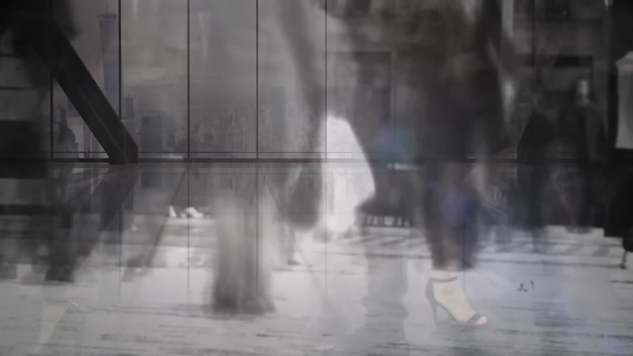 People walking in office building lobby over cityscape animation