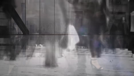 people walking in office building lobby over cityscape animation