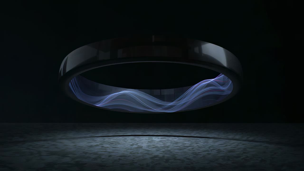 Animating ring showing faint ribbon appearing and forming waves above textured floor under light
