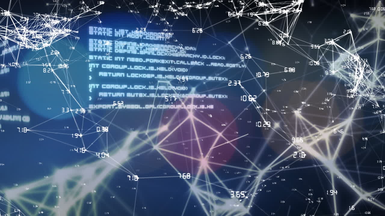 Animation of data processing with network of connections over blue background