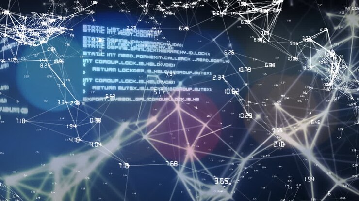 Animation of data processing with network of connections over blue background