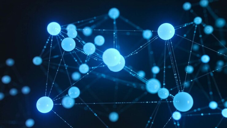 Moving camera closer, network pulsing while glowing blue spheres separating along strands in studio