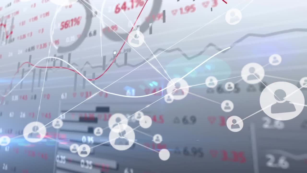 아이콘으로 연결된 네트워크를 통해 금융 데이터 처리를 하는 선의 애니메이션