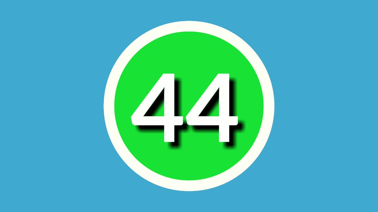 44 cuarenta y cuatro número de símbolo de signo animación gráficos de movimiento en esfera verde sobre fondo azul, número de video de dibujos animados 4k para elementos de video