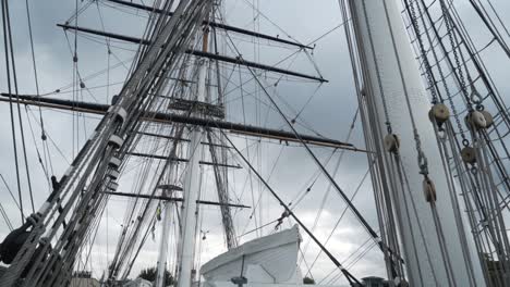 close-up view of the masts and rigging of a tall ship.