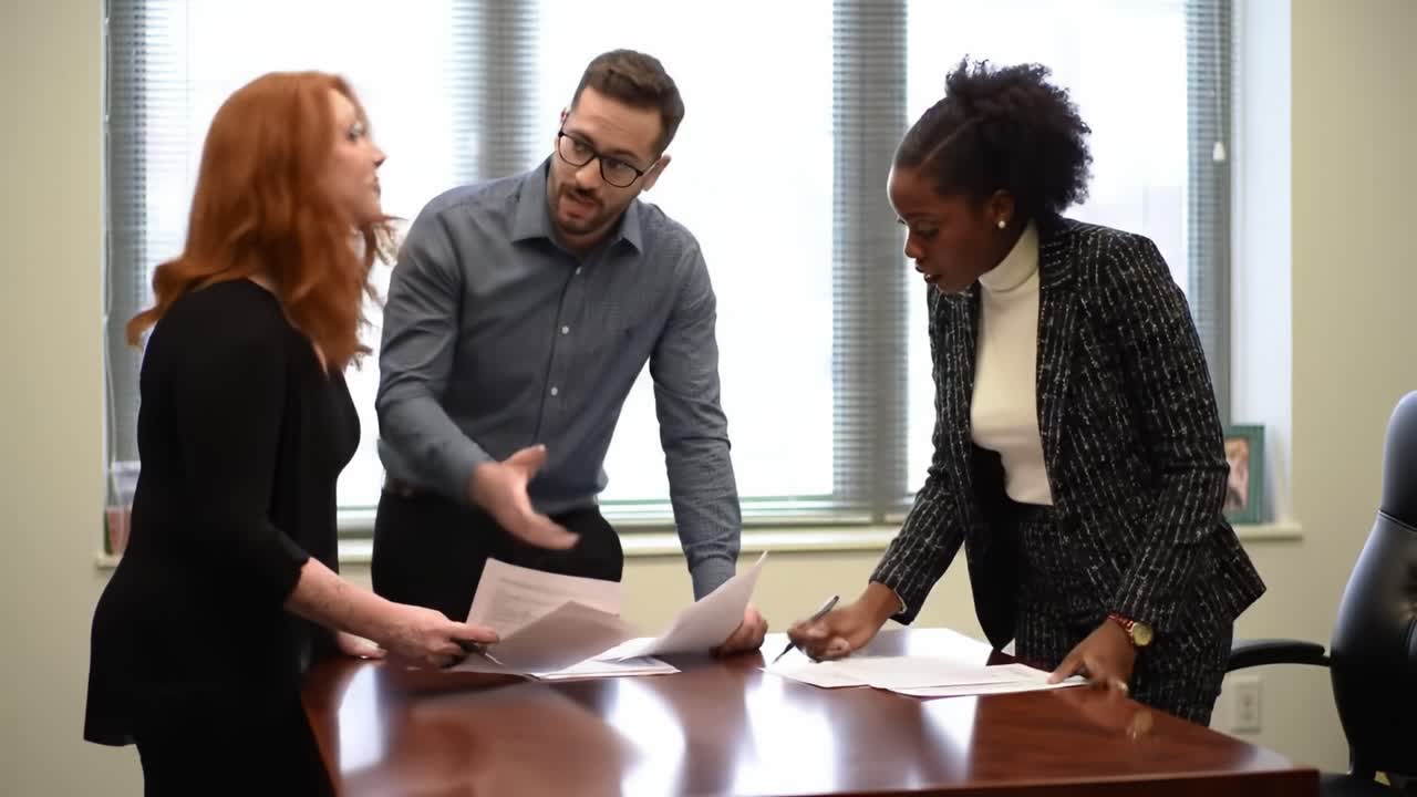 A Collaborative Meeting: Engaged Professionals Discussing Important Documents in a Modern Office Setting, Fostering Ideas and Solutions Together
