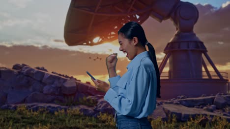 side view of an asian female professional worker with her smartphone with large satellite dish, she raises her fist up with screaming goal after check on the smartphone