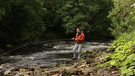 hand-held shot of a flyfisherman casting multiple times into a stream