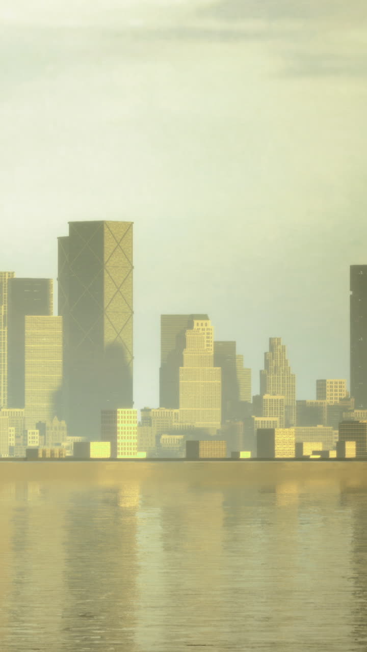 Horizonte de la ciudad al amanecer con reflejos en el agua y edificios entre la niebla.