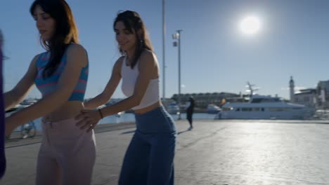 three friends walking in a port city