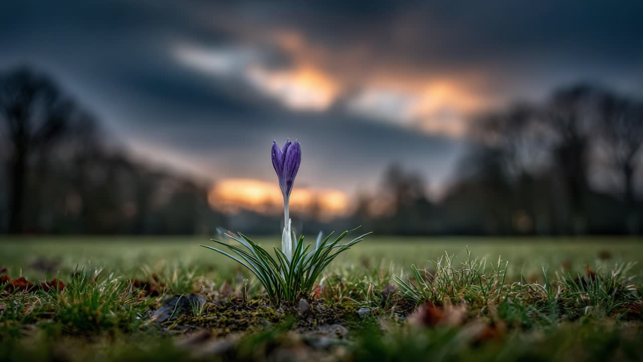 Uma flor de croco solitária se destaca graciosamente contra um céu dramático, personificando resiliência e beleza enquanto o sol se põe em uma paisagem tranquila, sinalizando a chegada da primavera