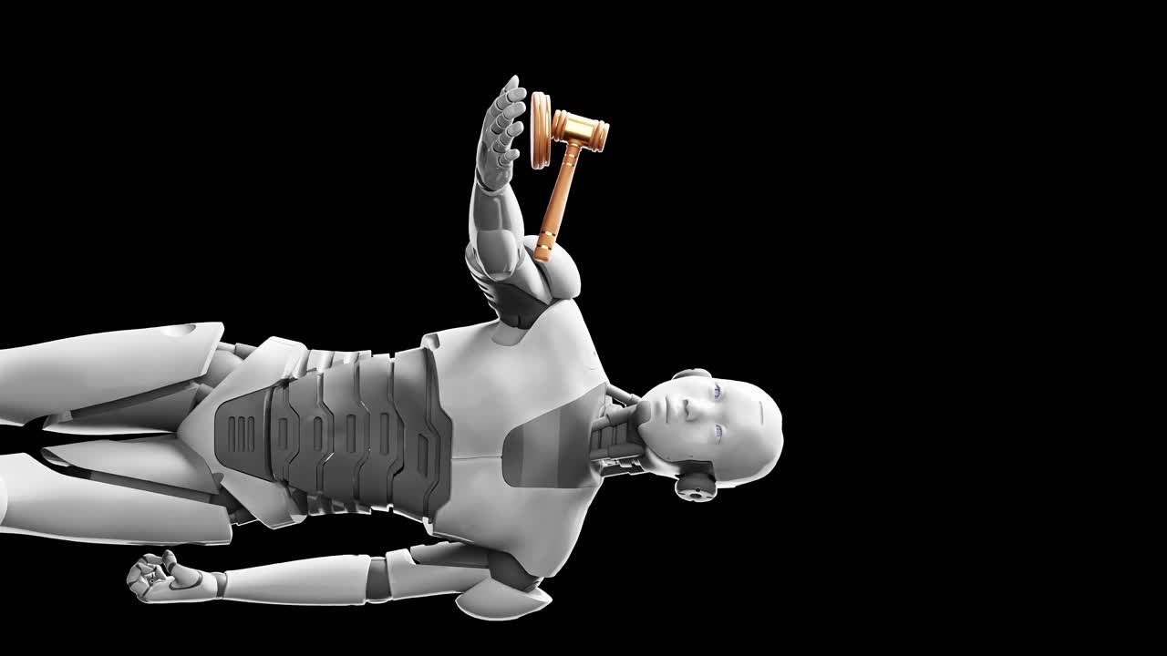 vertical of prototype humanoid cyber robot prototype holding a judge justice hammer, artificial intelligence in court debate black background