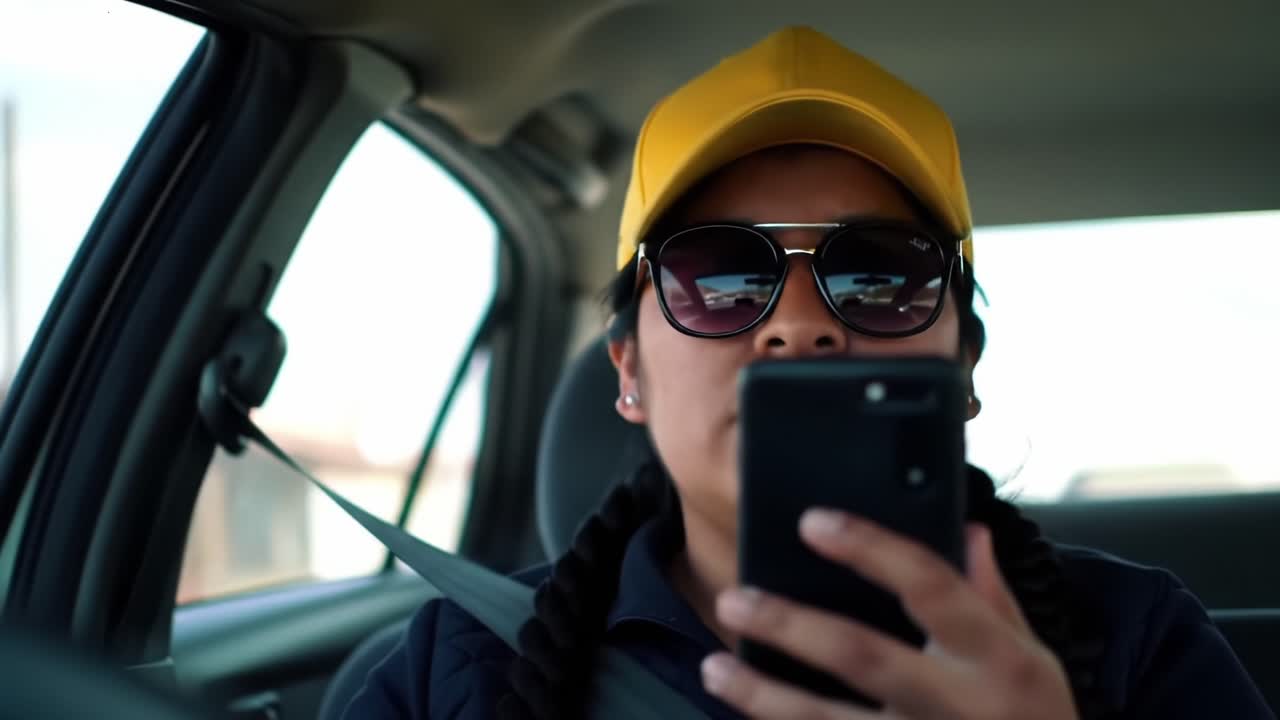 A Focused Moment: Driver Engaged with Smartphone in Vehicle, Capturing the Intersection of Technology and Daily Life Amidst a Casual Drive