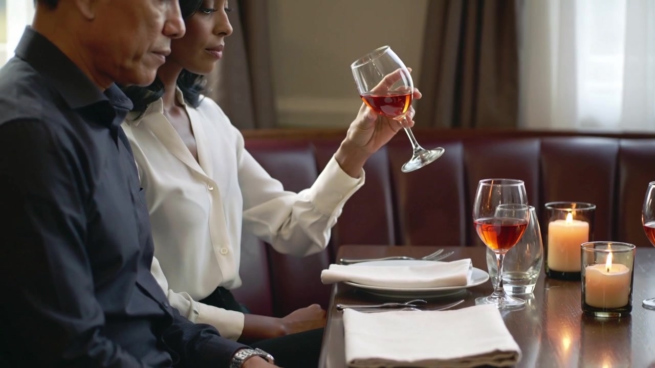 Mand i mørk skjorte sidder i en bås og forbereder sig på en skål, justerer servietten, mens kvinden hvirvler vin rundt.