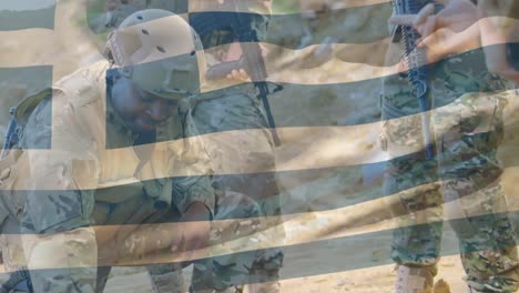 animation of flag of greece over diverse soldiers with armour