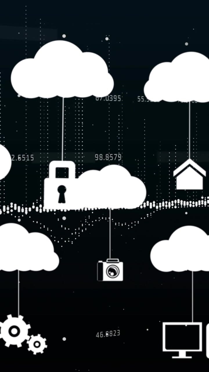 Animation of media icons and digital lights on black background
