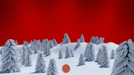 Animation-of-snow-falling-over-fir-trees-on-red-background