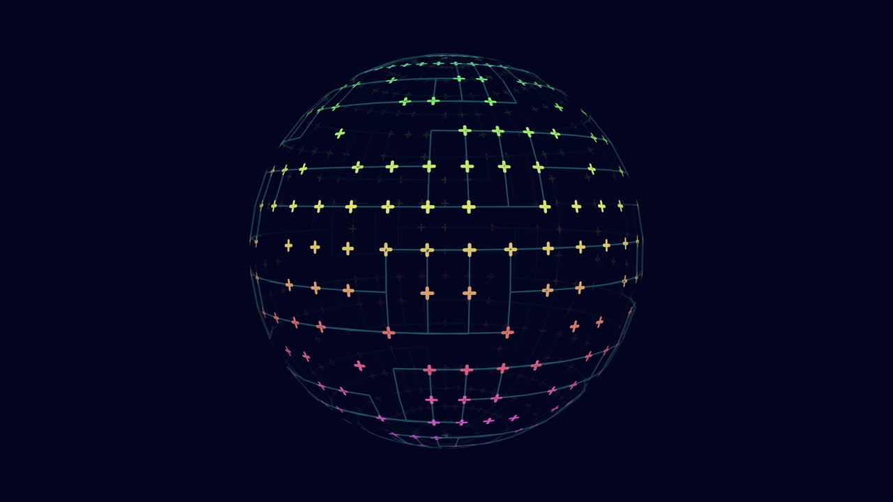 esfera geométrica futurista con cruces de neón en gradiente negro