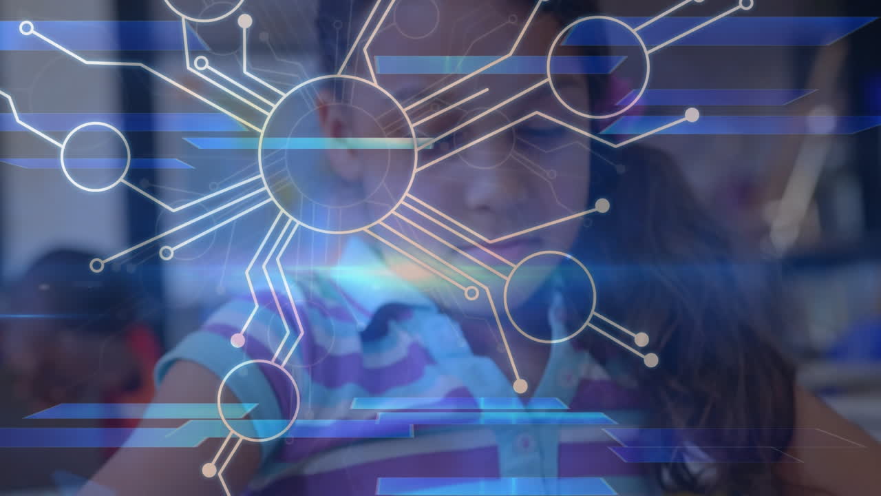 animación de la red de conexiones y senderos de luz sobre la niña biracial usando la tableta