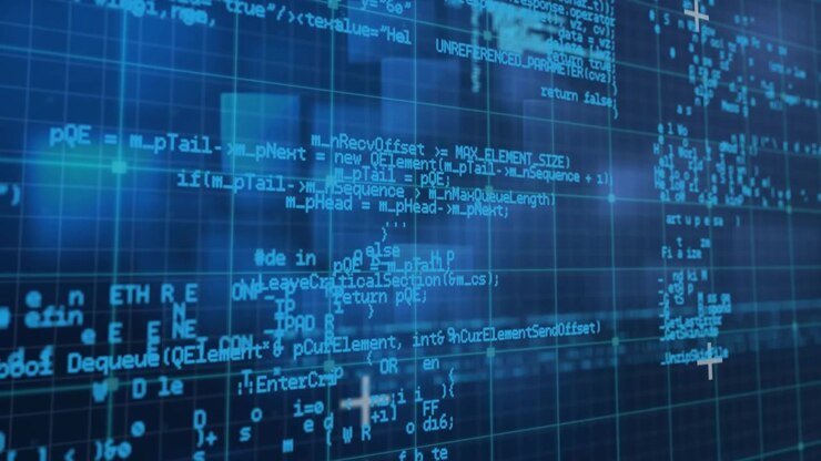 Animation of data processing over grid and blue background