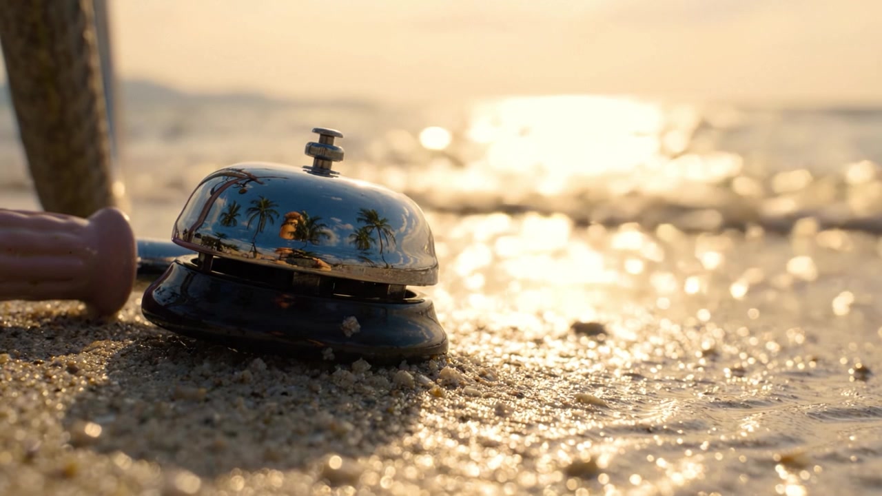 Une Scène de Plage Unique Présentant une Cloche de Service Brillante avec des Reflets de Palmiers Sous un Magnifique Coucher de Soleil sur les Vagues Scintillantes de l'Océan