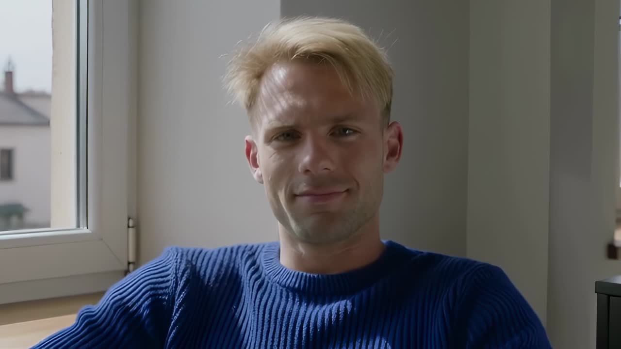 Uomo seduto accanto alla finestra, la telecamera cattura un primo piano mentre un sorriso si sviluppa e la testa si inclina per il marketing.