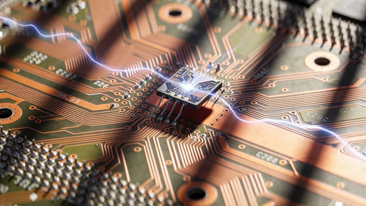 En gnist opstår på en chip, der sender en blå-hvid lysbue hen over printpladens spor, og oplyser vias og diagonale bånd.