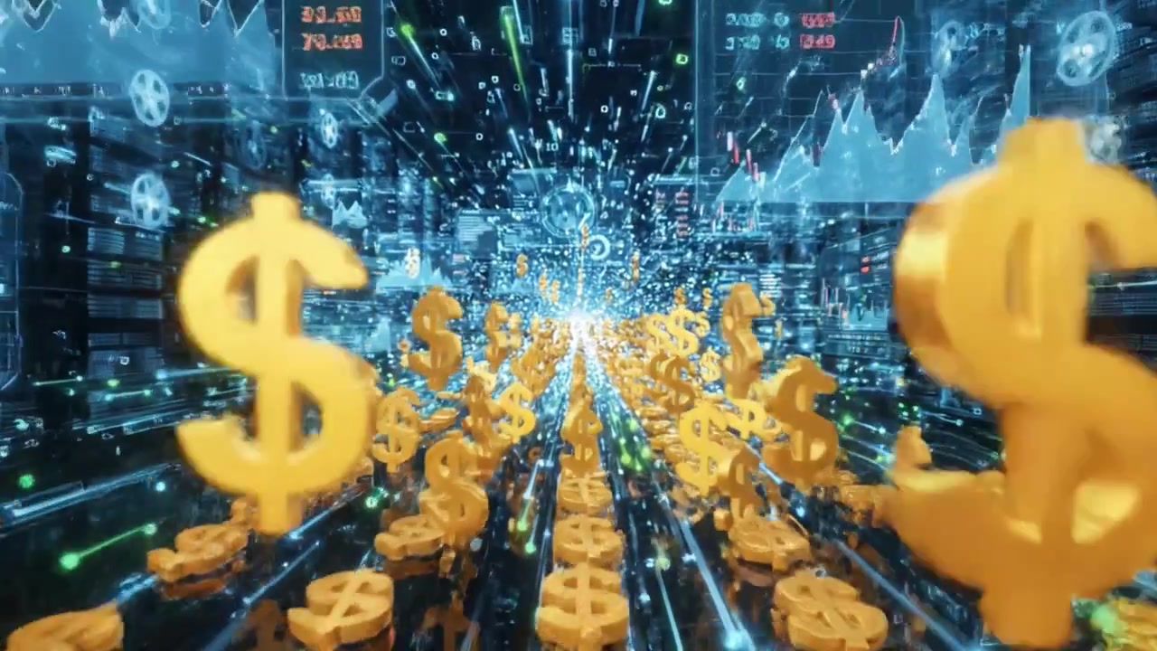 ハイテクネットワーク環境を駆け巡る金色のドル記号と共に、経済成長とデジタル通貨をダイナミックに視覚化したもの