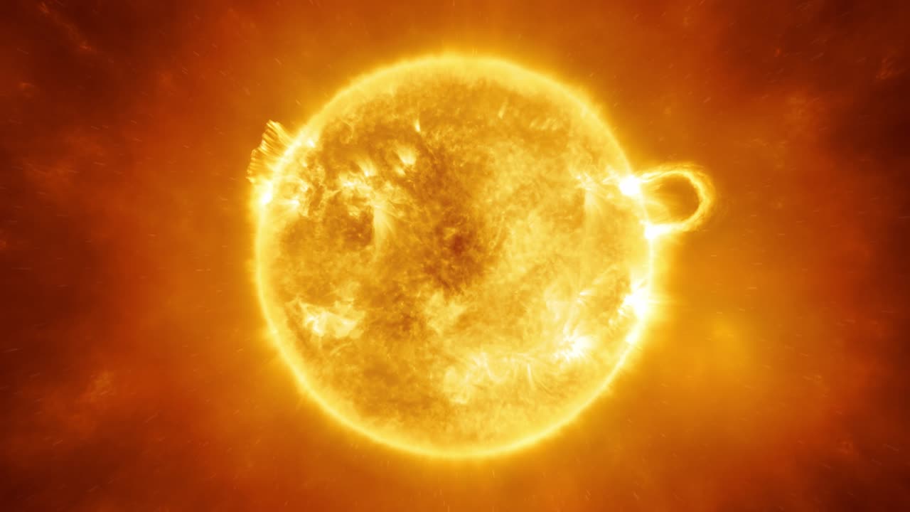 Sun surface close up through the telescope. Looping animation. Visible sun corona, photons, solar energetic particles and flares. Based On NASA images.