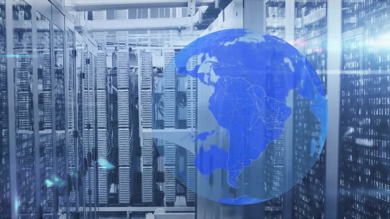 서버 방 위의 지구와 빛의 반점의 애니메이션