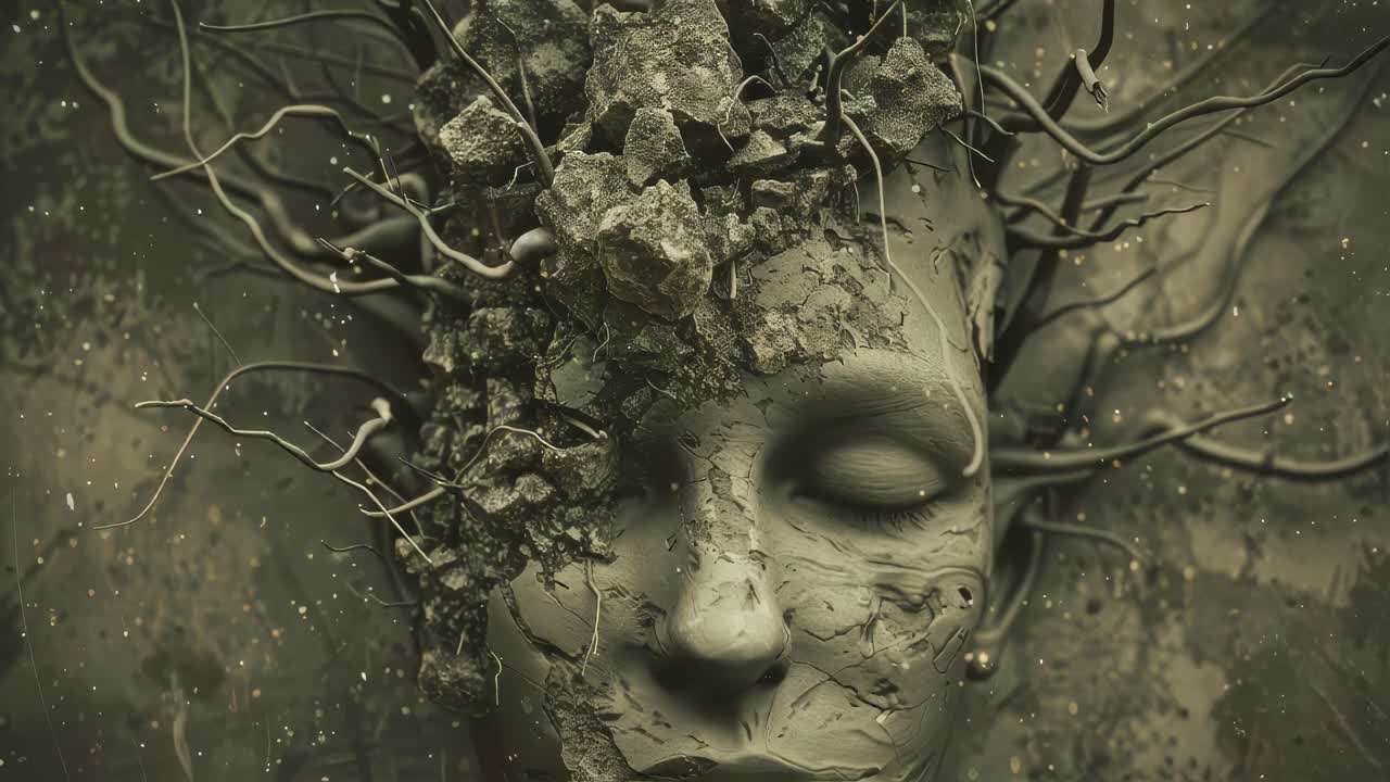 Weathered stone face emerging with branches and rocks, creating haunting surreal landscape through intricate animation revealing mystical transformation of natural elements