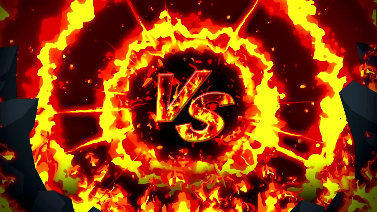 만화 화재 애니메이션. 불꽃 루프 배경. 경쟁. 전투 게임. 아이콘에 대항. 아이콘과 대결.