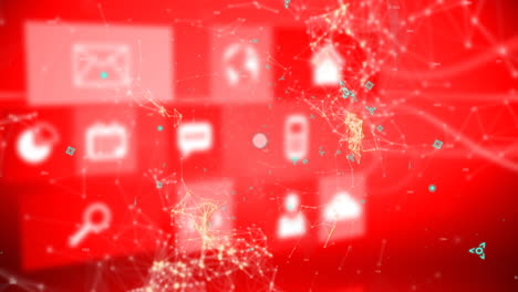 animación del globo y la red de conexiones con iconos sobre fondo rojo