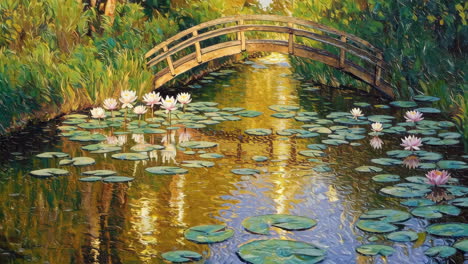 impressionistic water lily pond scenes with bridge