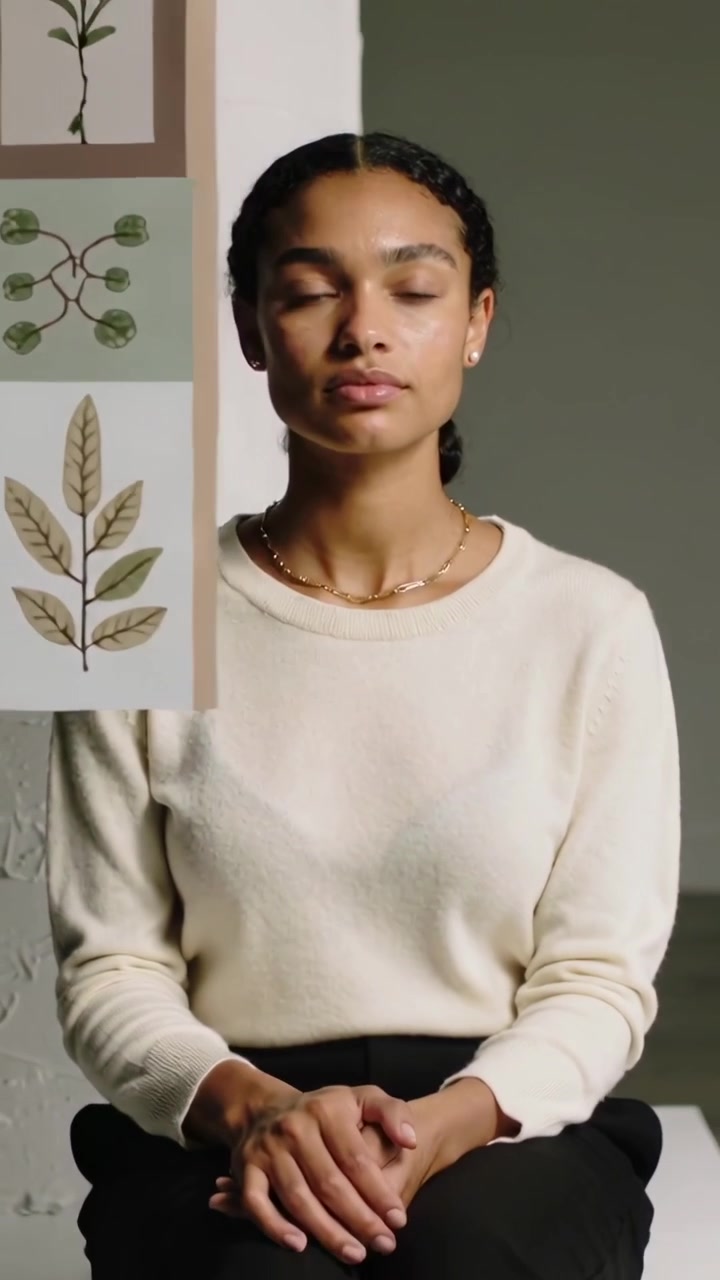 Video vertical: Mujer sentada con suéter de punto color crema en un panel de plantas que se desliza desde la derecha, enmarcando una obra de arte.