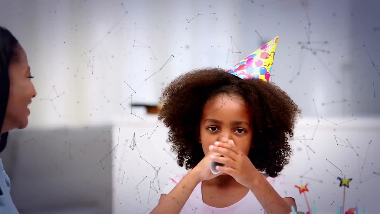 Animation of networks over family having fun at birthday party