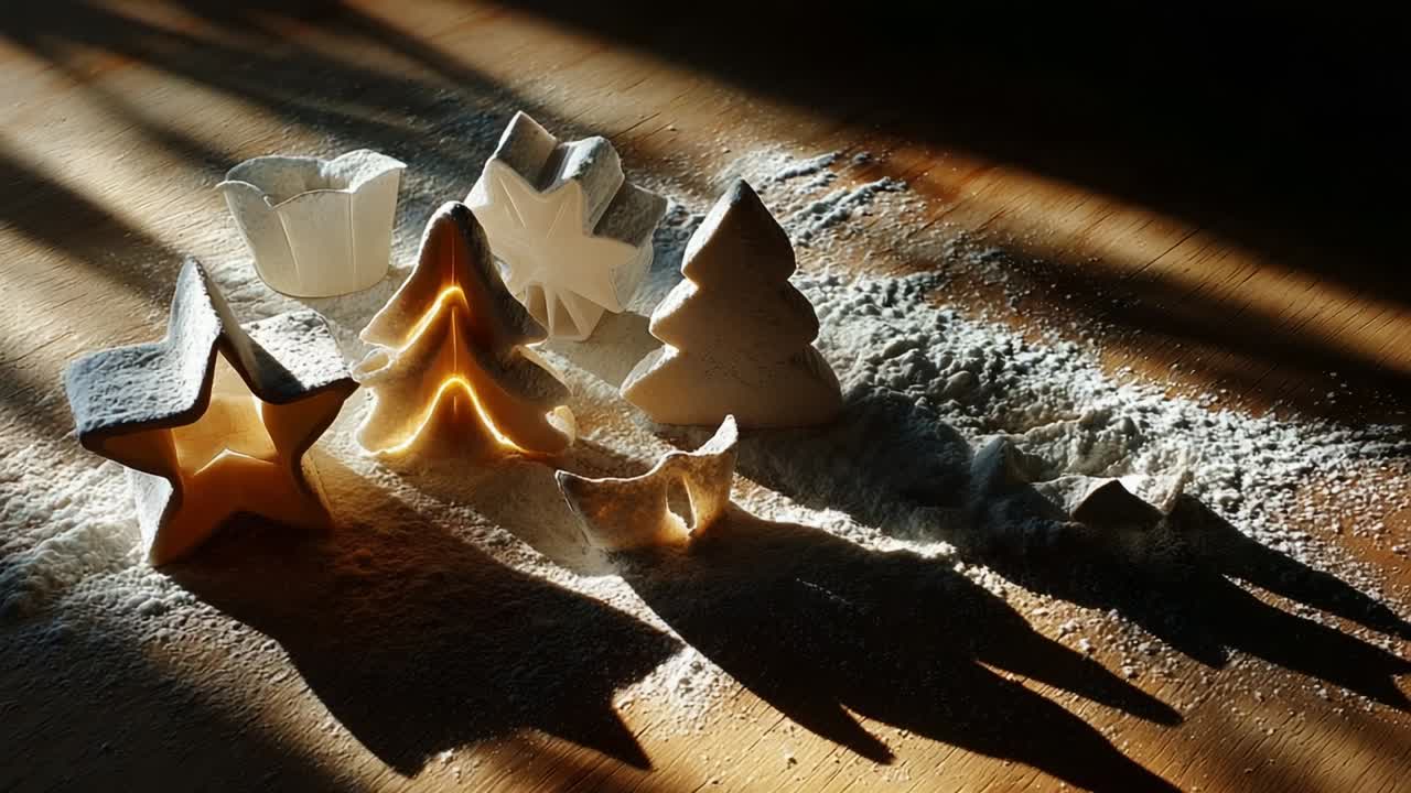 A Beautiful Display of Star and Tree-Shaped Cookie Cutters on a Wooden Surface Dusting of Flour Highlights Their Intricate Shadows and Stunning Shapes in Soft Natural Light