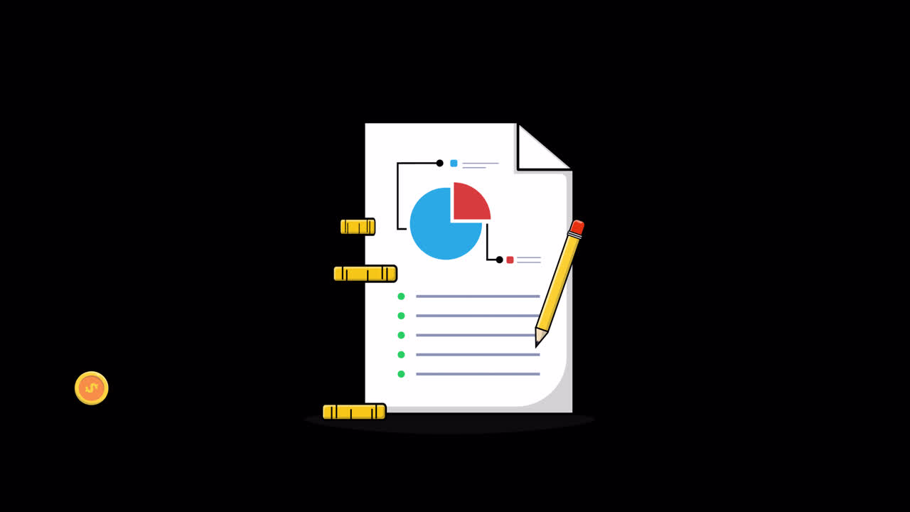 Laporan Keuangan Beranimasi dengan Grafik, Pensil, dan Tumpukan Koin