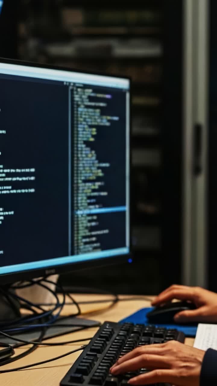 Detaljeret udforskning af kodnings- og programmeringskoncepter via interaktive skærme med hænder engageret i at skrive på et tastatur i et moderne arbejdsområde