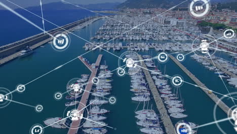 animation of network of connections with icons over marina